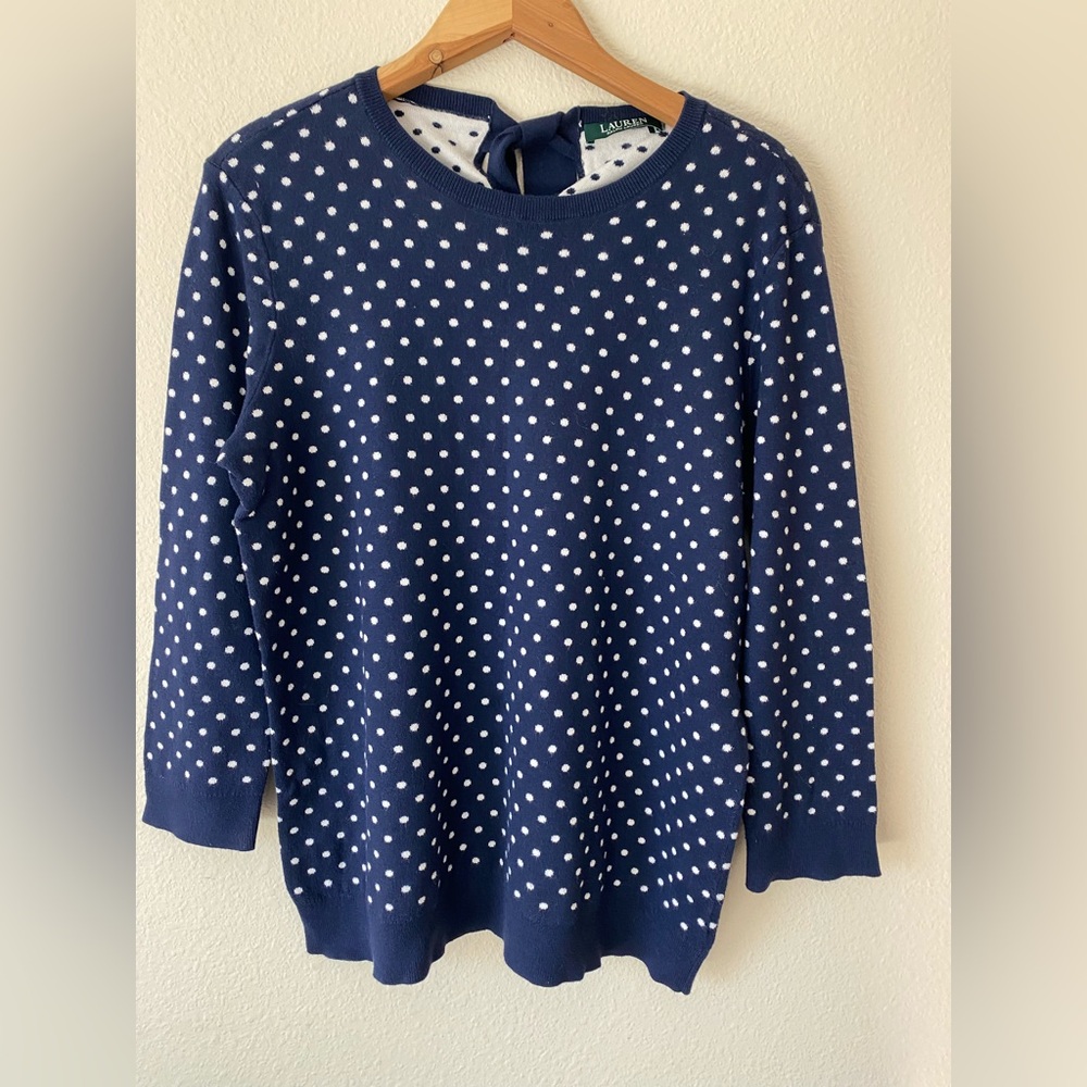 Polo Ralph Lauren Women’s CrewNeck Navy&White Polka Dot Sweater w/Backbow Size M